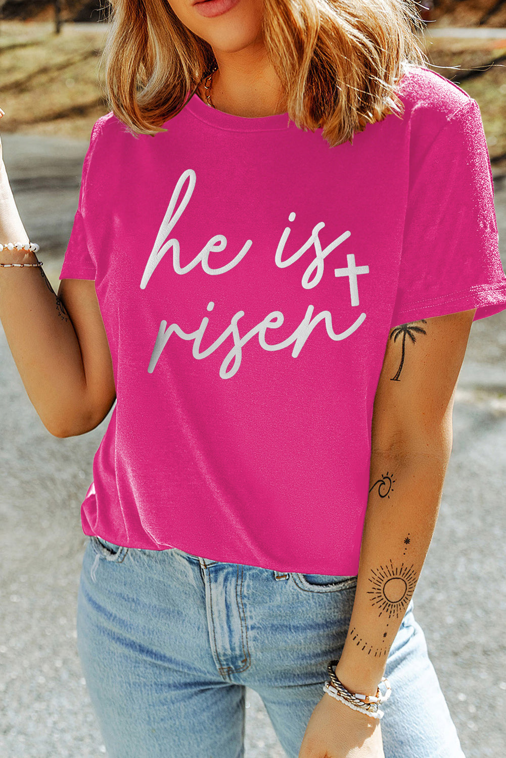 Rose Red Glitter he is risen Cross Printed Crewneck Tee Graphic Tees JT's Designer Fashion