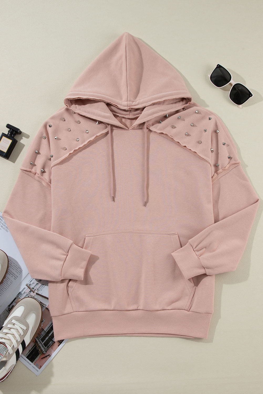 Fushia Solid Color Rivet Stud Raglan Sleeve Hoodie with Pocket Sweatshirts & Hoodies JT's Designer Fashion