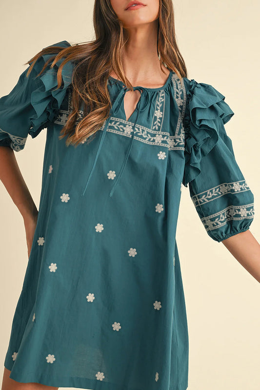 Skobeloff Boho Floral Ruffle Puff Sleeve Lace-up V Neck Mini Dress Skobeloff 100%Polyester Floral Dresses JT's Designer Fashion