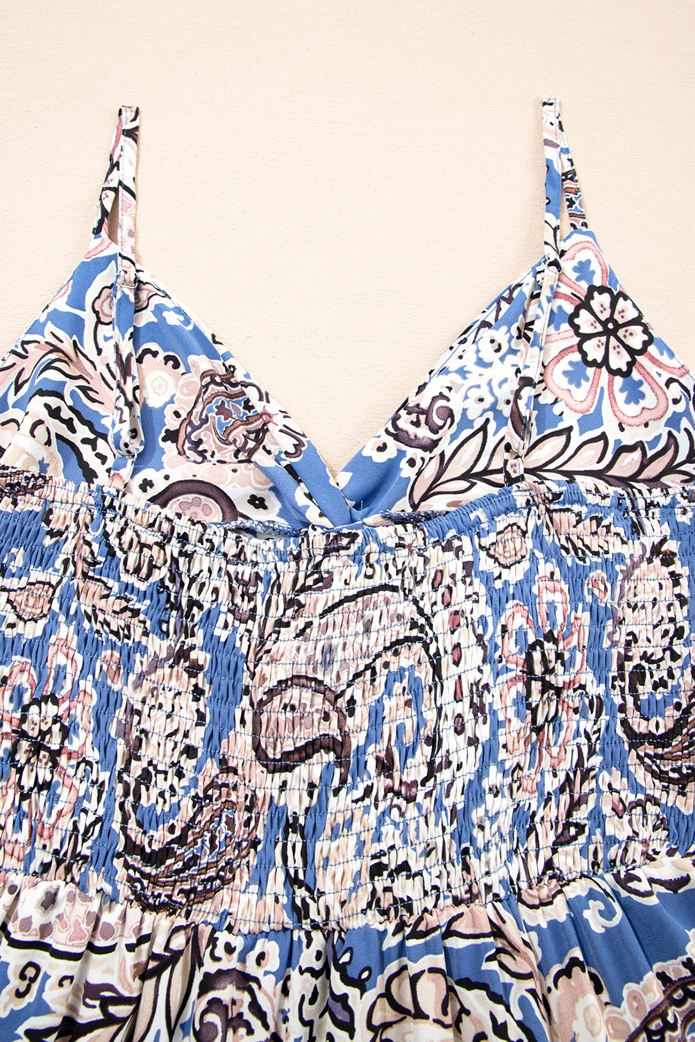 Blue Paisley Print Twist Detail Smocked Back Spaghetti Straps Long Dress Maxi Dresses JT's Designer Fashion