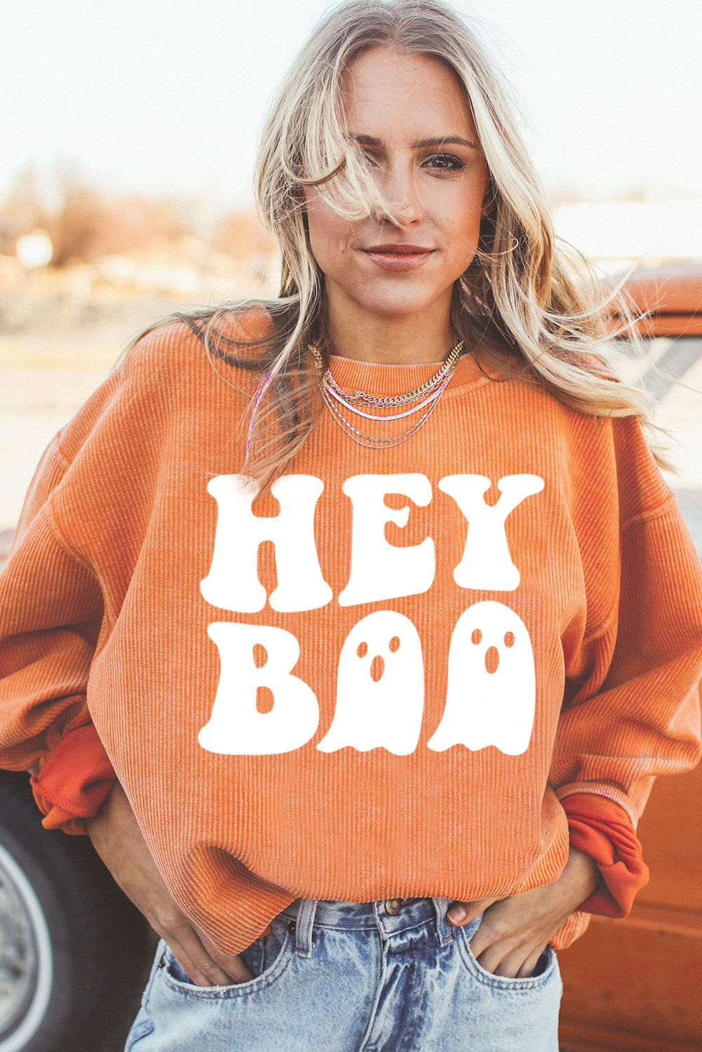 Orange Halloween Hey Boo Ghost Print Loose Sweatshirt Graphic Sweatshirts JT's Designer Fashion