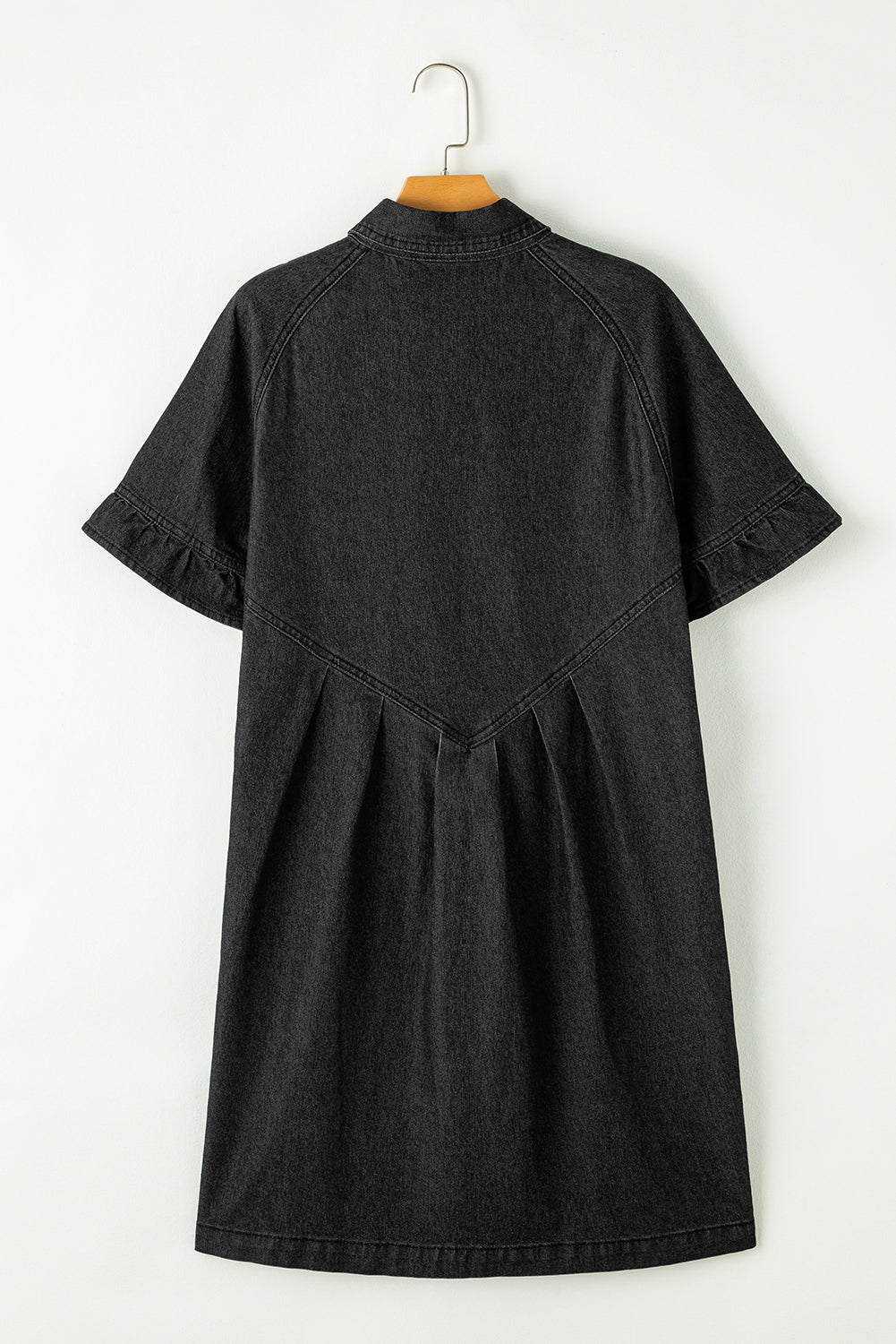 Black Frilled Short Sleeve Button Up Loose Denim Shirt Dress Mini Dresses JT's Designer Fashion