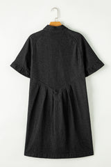 Black Frilled Short Sleeve Button Up Loose Denim Shirt Dress Mini Dresses JT's Designer Fashion