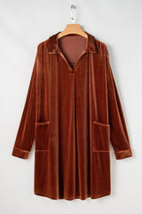 Coffee Plus Size V Neck Collared Pleated Back Rounded Hem Velvet Dress Plus Size Mini Dresses JT's Designer Fashion