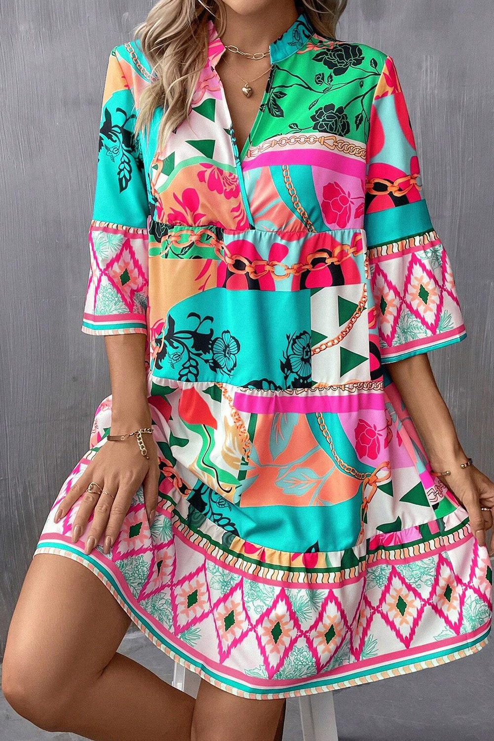 Multicolour Abstract Printed Half Sleeve Notched Neck Mini Dress Mini Dresses JT's Designer Fashion