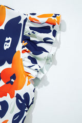 Orange Floral Print Notched Neck Flutter Sleeve Mini Dress Floral Dresses JT's Designer Fashion