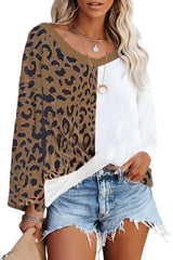 Brown Leopard Contrast Waffle Knit Twist Hem V Neck Top Long Sleeve Tops JT's Designer Fashion