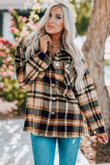 Orange Geometric Plaid Print Pocketed Shacket Plaid Shackets JT's Designer Fashion