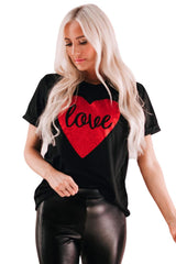 Black Love Heart Shaped Glitter Print T Shirt Graphic Tees JT's Designer Fashion