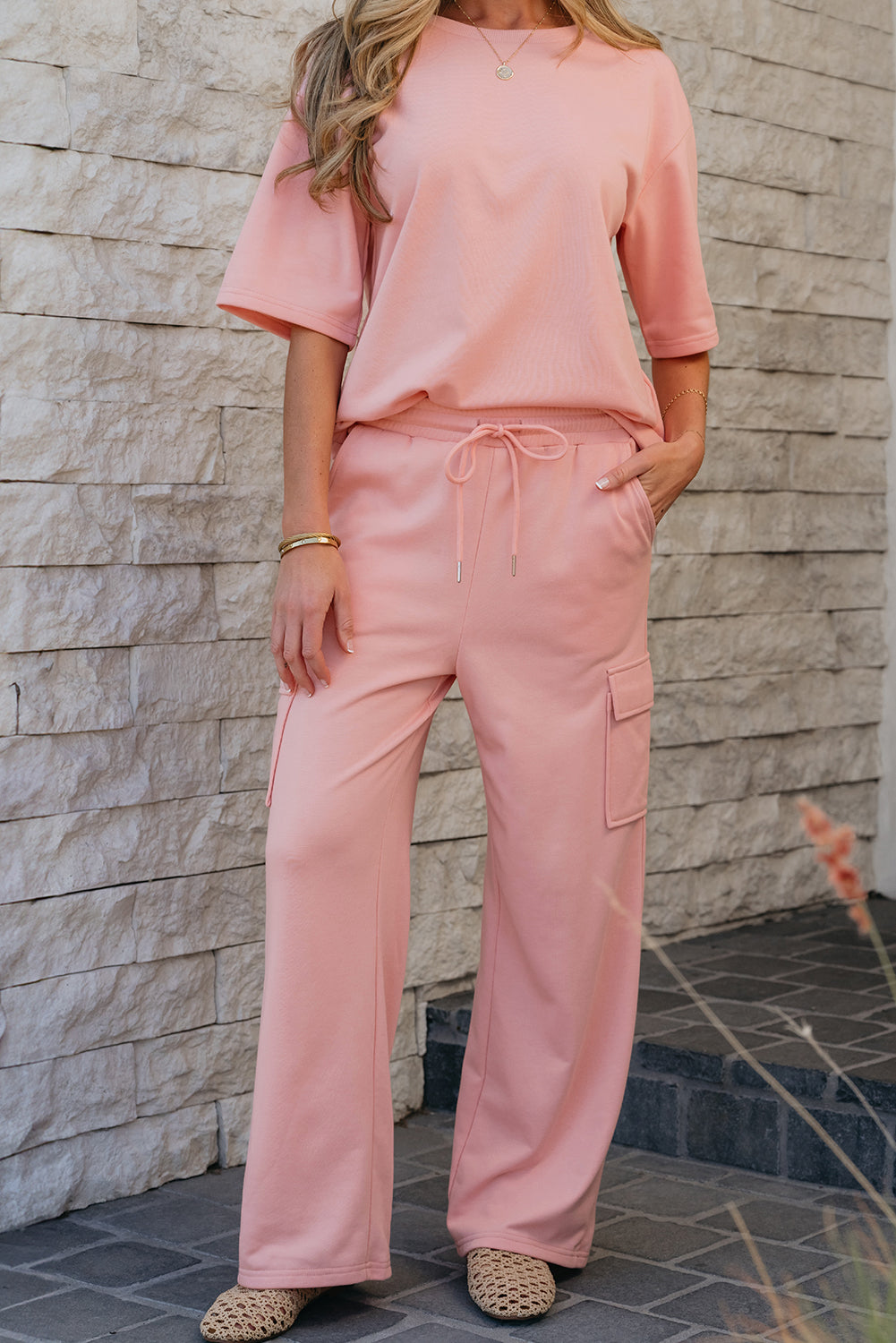 Apricot Pink Half Sleeve T-Shirt & Cargo Sweatpants Set Pant Sets JT's Designer Fashion