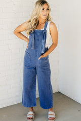 Prussian Blue Mineral Wash Knotted Strap Patched Pocket Wide Leg Denim Overalls Jumpsuits & Rompers JT's Designer Fashion