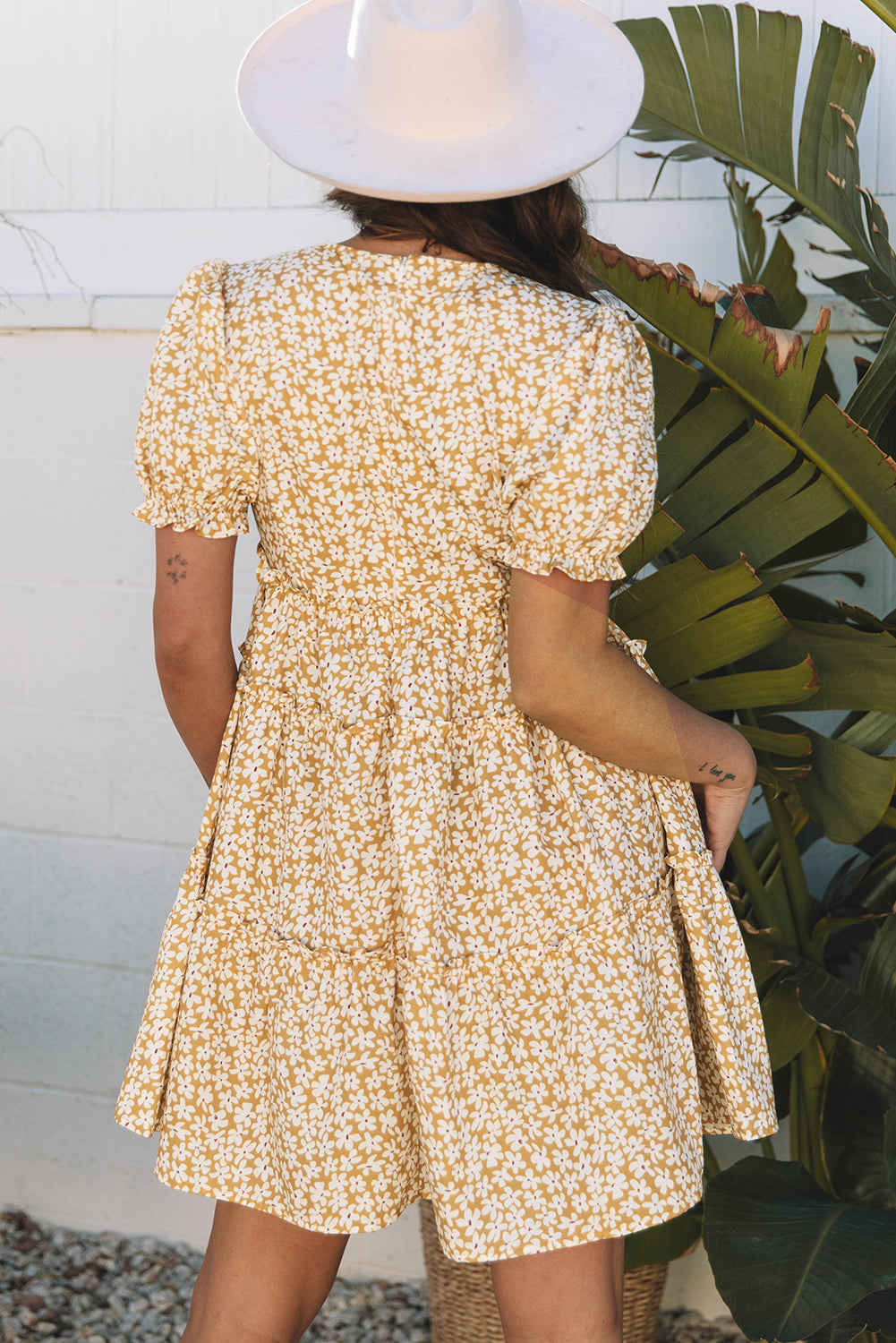 Yellow Floral Short Sleeve V Neck Frilly Tiered Mini Dress Floral Dresses JT's Designer Fashion