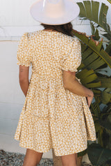 Yellow Floral Short Sleeve V Neck Frilly Tiered Mini Dress Floral Dresses JT's Designer Fashion