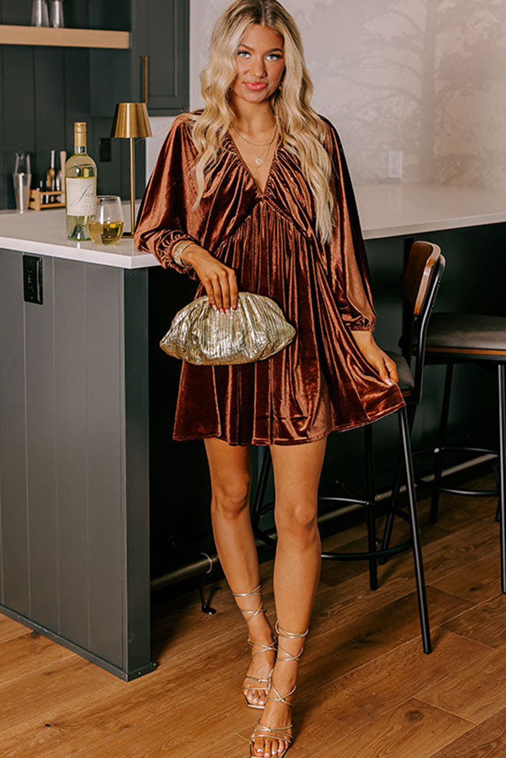 Clay Elastic V Neck Puff Sleeve Short Velvet Dress JT's Designer Fashion