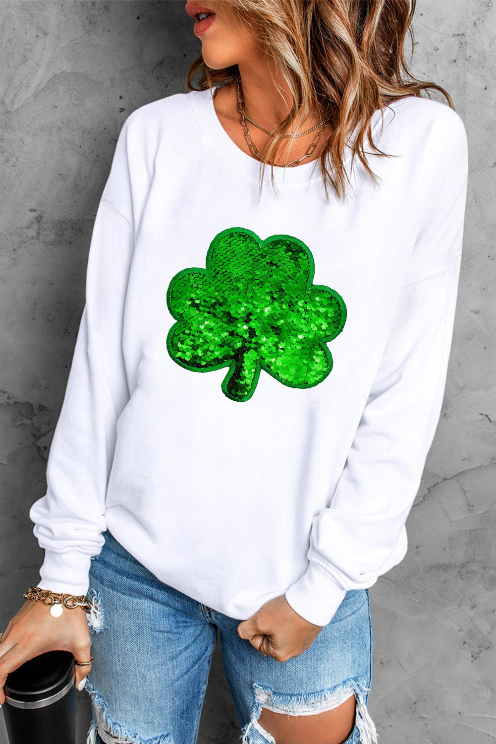 White Sequin Clover Embroidered Drop Shoulder Sweatshirt White 70%Polyester+30%Cotton Graphic Sweatshirts JT's Designer Fashion