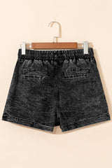 Black Drawstring High Waist Pocketed Denim Shorts Denim Shorts JT's Designer Fashion