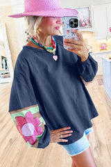 Sail Blue Flower Patchwork Raglan Sleeve Exposed Seam Oversized Top Long Sleeve Tops JT's Designer Fashion