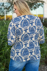 Blue Plus Size Ethnic Printed 3/4 Sleeve V Neck Loose Blouse Plus Size Blouses & Shirts JT's Designer Fashion