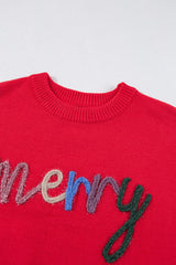 Fiery Red Tinsel Merry Letter Drop Shoulder Baggy Sweater Sweaters JT's Designer Fashion