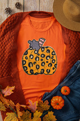 Orange Halloween Leopard Pumpkin Crew Neck Graphic Tee Graphic Tees JT's Designer Fashion