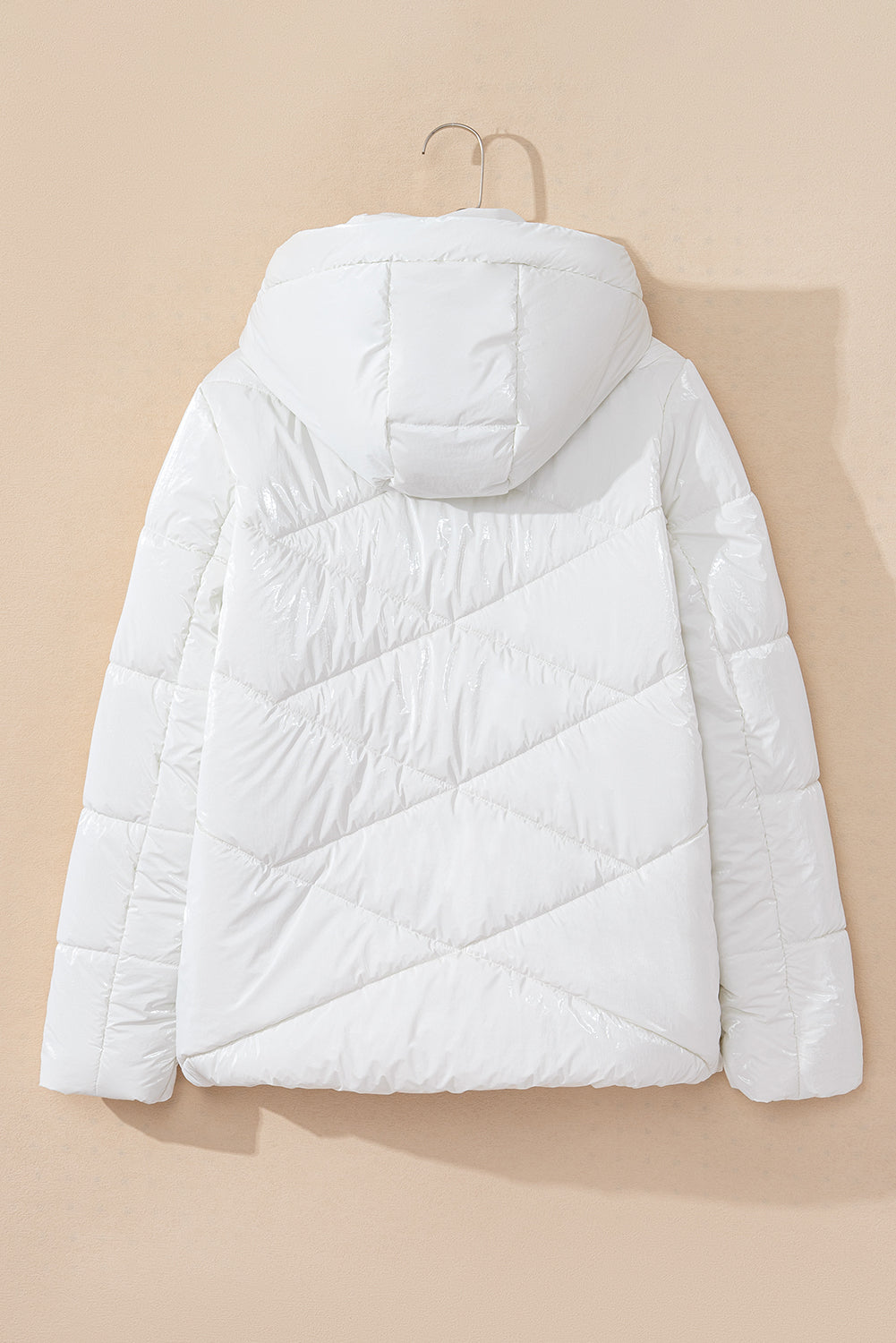 White Solid Quilted Hooded Zip Up Puffer Coat Jackets JT's Designer Fashion