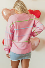 Pink Rainbow Stripes Drop Shoulder Baggy Henley Sweater Sweaters JT's Designer Fashion