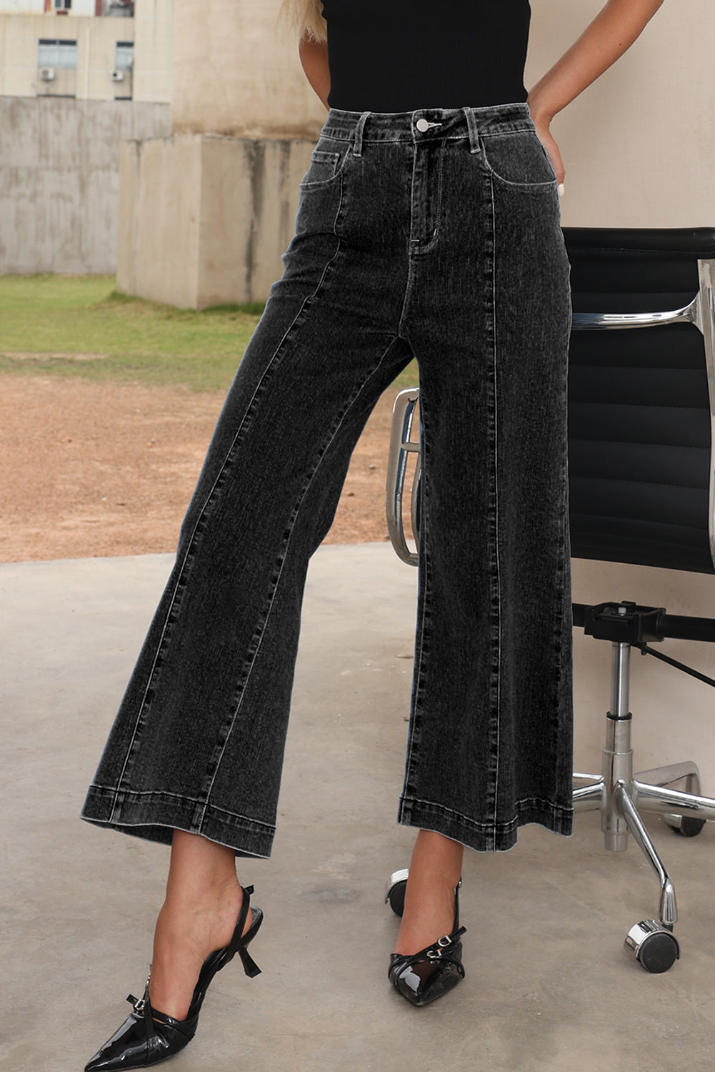 Black Plain Seam Detail Flared Bottom Ankle Length Jeans Jeans JT's Designer Fashion