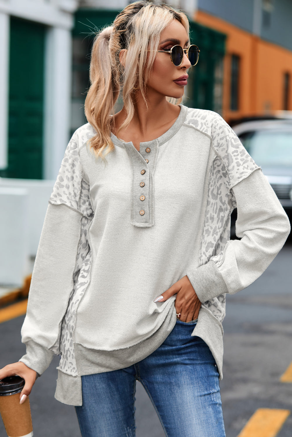 Gray Leopard Patchwork Exposed Seam Buttoned Neck Sweatshirt Sweatshirts & Hoodies JT's Designer Fashion