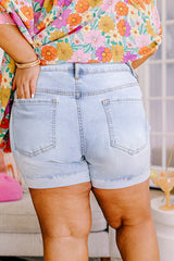 Beau Blue Folded Edge High Waist Plus Size Denim Shorts Plus Size Bottoms JT's Designer Fashion