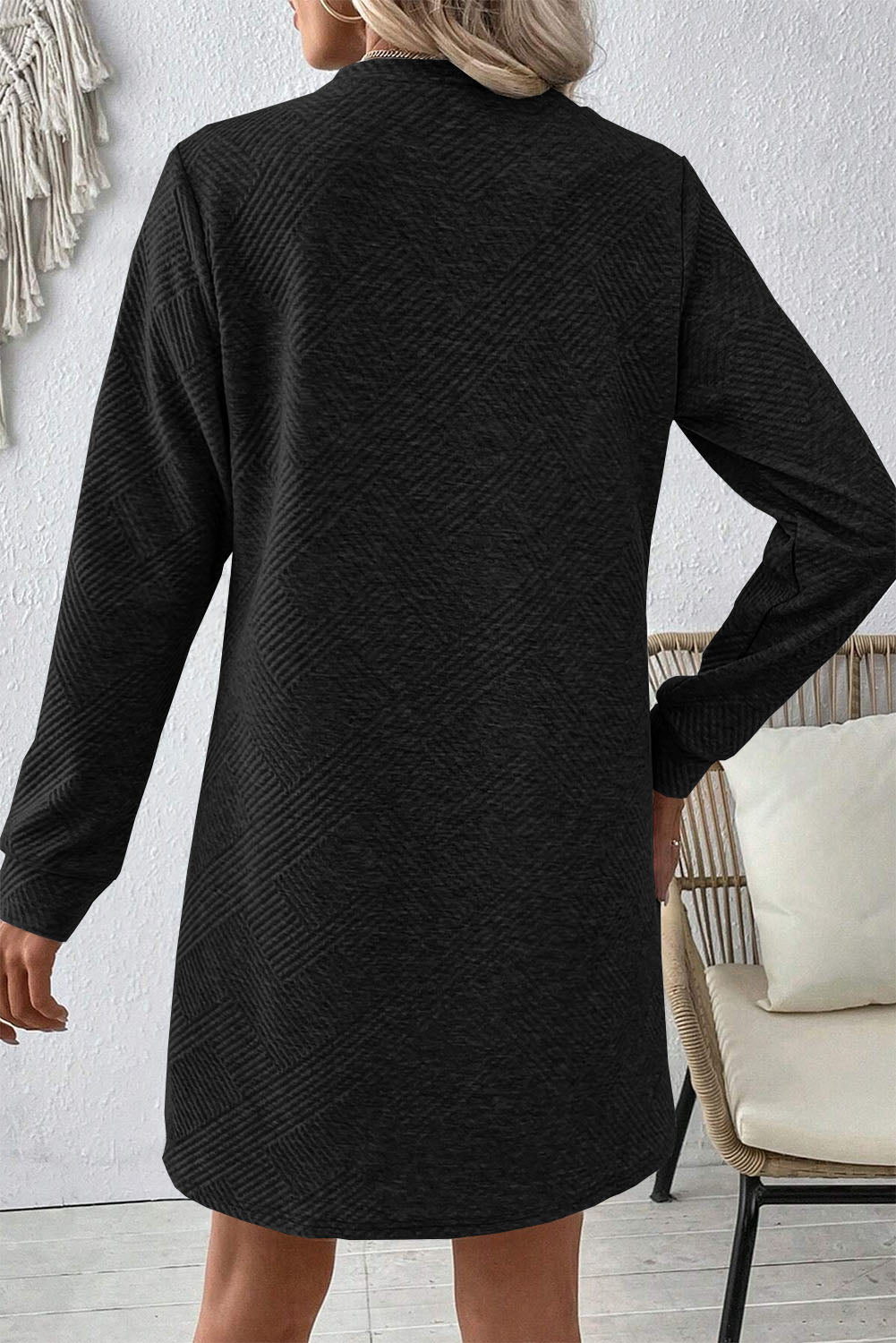 Black Solid Color Textured Long Sleeve Shift Dress Mini Dresses JT's Designer Fashion