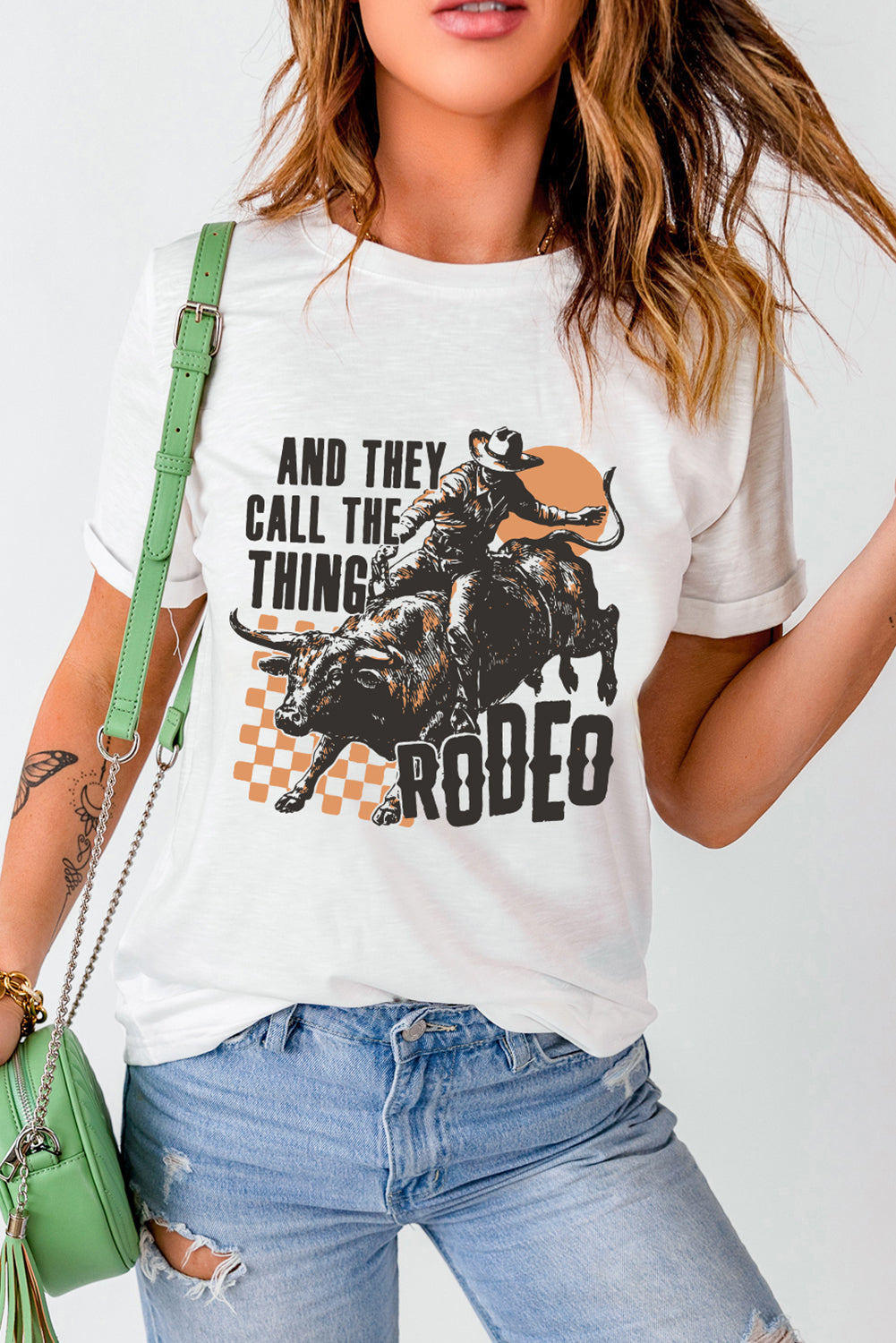 White AND THEY CALL THE THING RODEO Graphic Crewneck Tee Graphic Tees JT's Designer Fashion