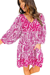 Rose Bohemian Print Puff Sleeve Tied V Neck Flared Mini Dress Mini Dresses JT's Designer Fashion