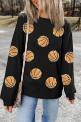 Black Sequin Ball Patched Crewneck Game Day Sweatshirt Black 50%Polyester+50%Cotton Graphic Sweatshirts JT's Designer Fashion
