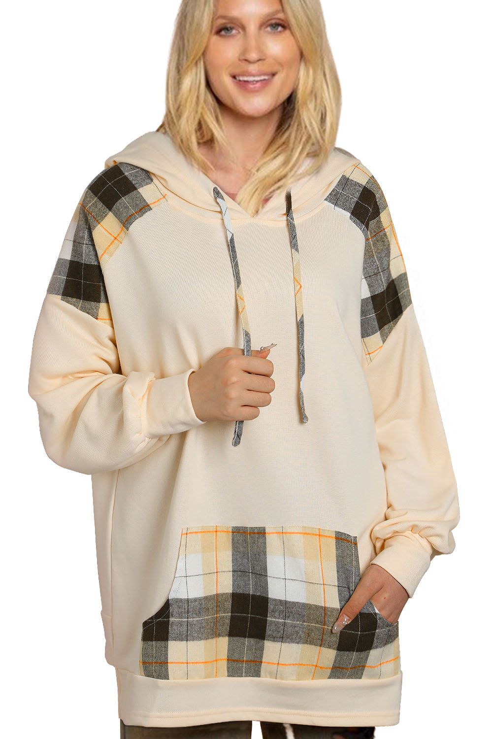 Khaki Plaid Patchwork Kangaroo Pocket Oversized Hoodie Sweatshirts & Hoodies JT's Designer Fashion