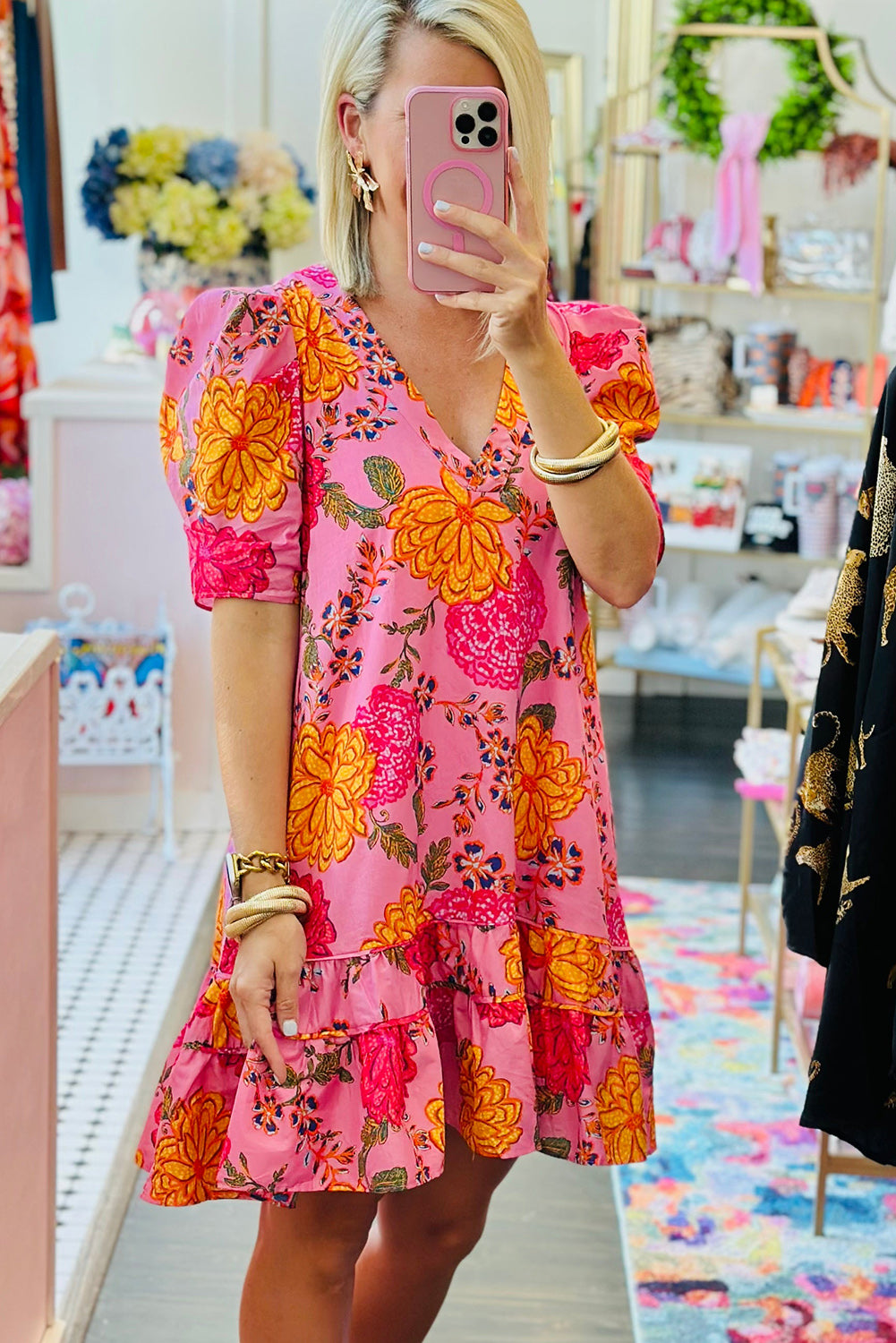 Pink Floral Bubble Sleeve V Neck Ruffled Mini Dress Floral Dresses JT's Designer Fashion