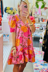 Pink Floral Bubble Sleeve V Neck Ruffled Mini Dress Floral Dresses JT's Designer Fashion