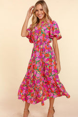 Rose Floral Short Sleeve Smocked Waist Maxi dress Dresses JT's Designer Fashion