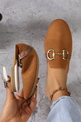 Chestnut Leather Strap Buckle Decor Slip On Flats Women's Shoes JT's Designer Fashion