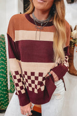 Brown Checkered Color Block Knitted Drop Shoulder Sweater Sweaters JT's Designer Fashion