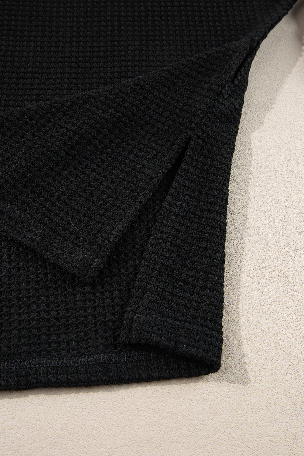 Black Waffle Knit Side Slits Loose Fit V Neck Top Long Sleeve Tops JT's Designer Fashion