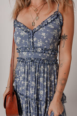 Blue Floral Spaghetti Strap Frilled V Neck Tiered Midi Dress Midi Dresses JT's Designer Fashion