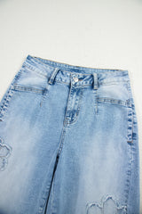 Beau Blue Flower Patched Light Wash Cropped High Waist Jeans Jeans JT's Designer Fashion