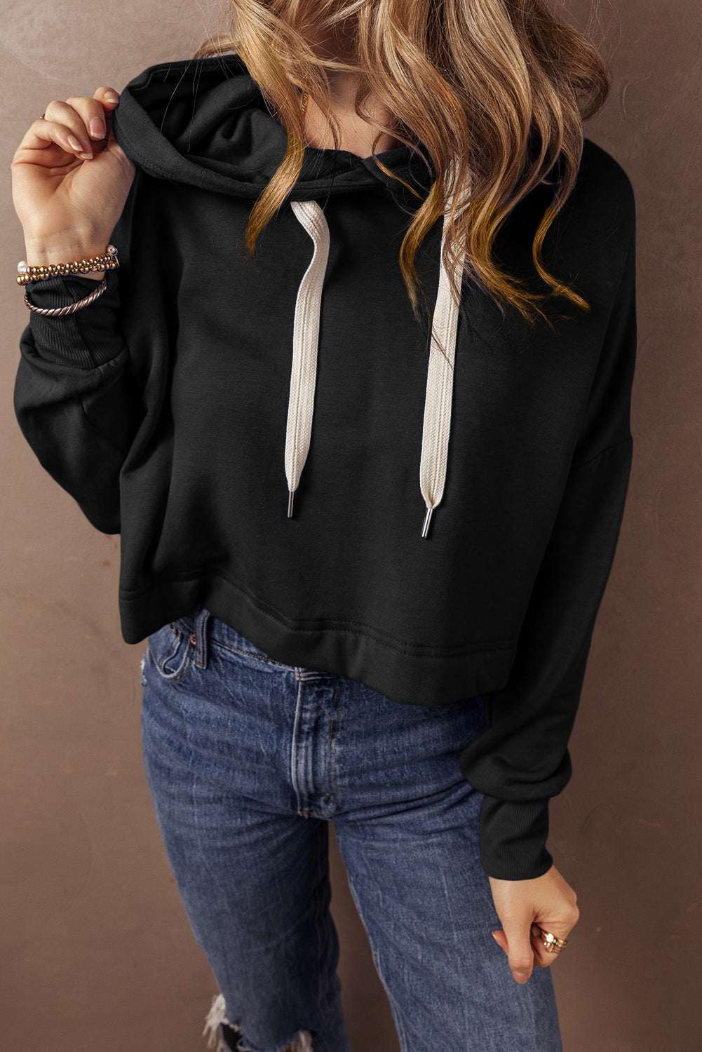 Black Solid Drop Shoulder Drawstring Cropped Hoodie Sweatshirts & Hoodies JT's Designer Fashion