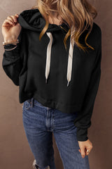 Black Solid Drop Shoulder Drawstring Cropped Hoodie Sweatshirts & Hoodies JT's Designer Fashion