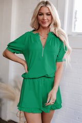 Sea Green Half Zip Puff Sleeve Top and Ruffled Shorts Set Sea Green 85%Polyester+10%Cotton+5%Elastane Short Sets JT's Designer Fashion