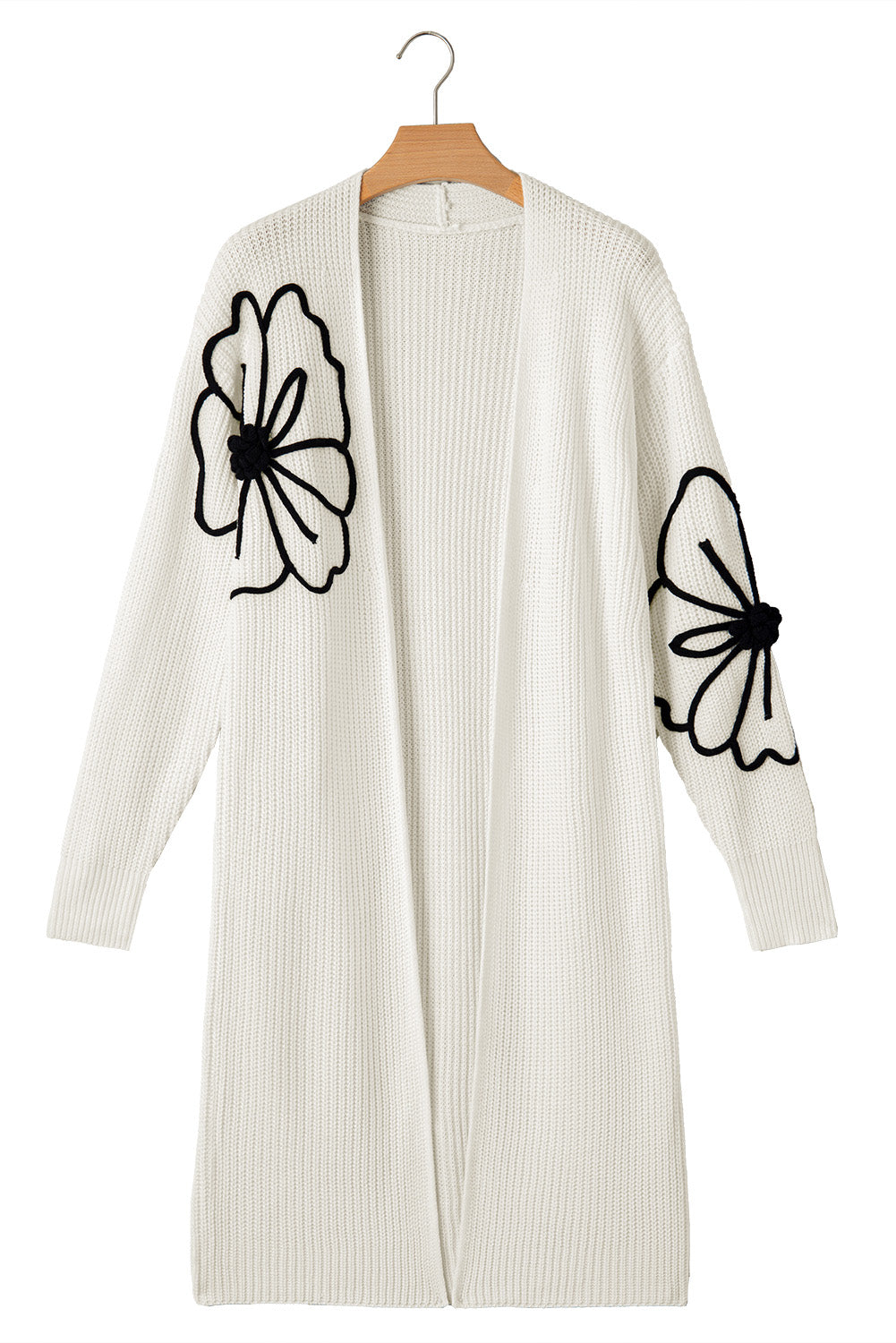 Beige Flower Embroidered Drop Shoulder Open Front Duster Cardigan Cardigans JT's Designer Fashion