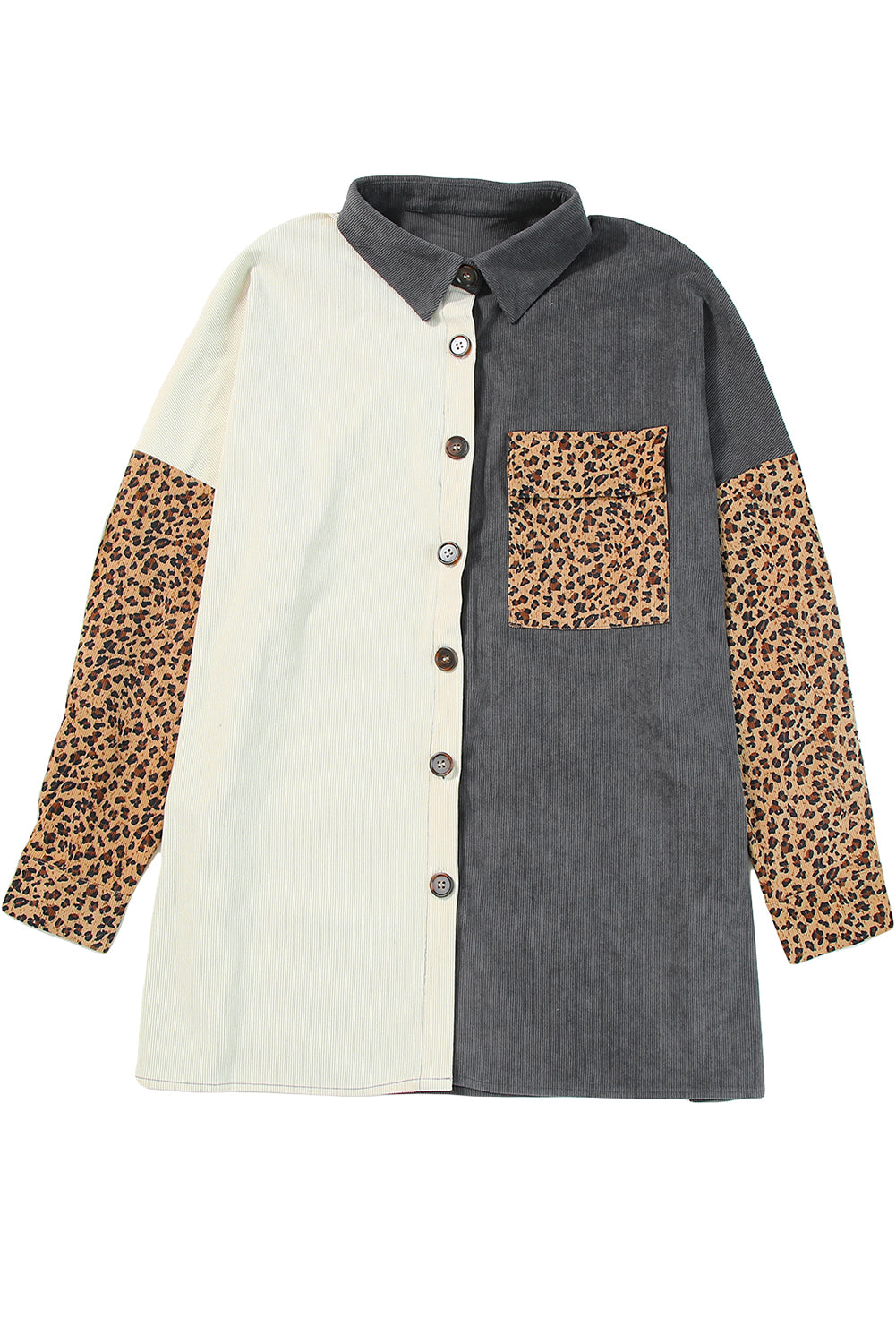Gray Color Block Leopard Patched Corduroy Shacket Jackets JT's Designer Fashion