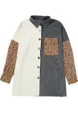 Gray Color Block Leopard Patched Corduroy Shacket Jackets JT's Designer Fashion