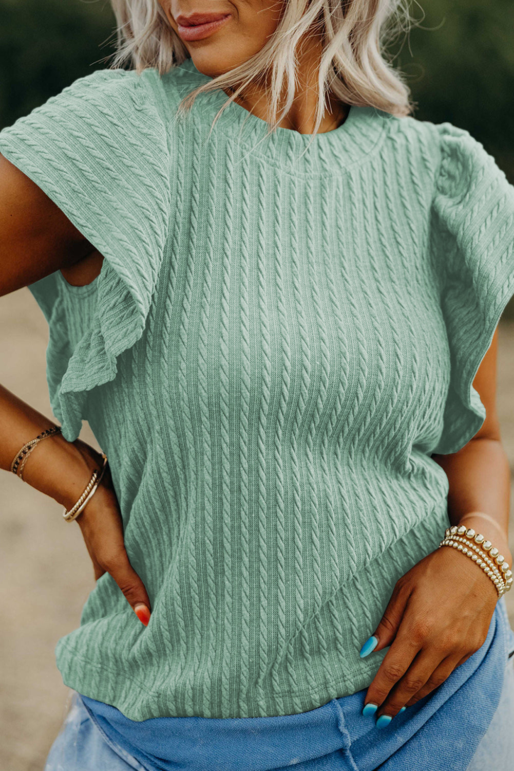 Moonlight Jade Solid Color Textured Flutter Sleeve Top Blouses & Shirts JT's Designer Fashion