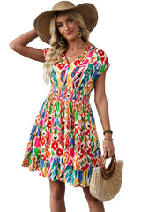 Sky Blue Abstract Print V Neck Dolman Sleeve Ruffle Tiered Mini Dress Dresses JT's Designer Fashion